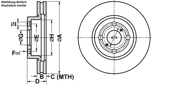ATE Bremsensatz, Scheibenbremse ijf141b7p5 Vorderachse belüftet 258mm 22mm für DAIHATSU TOYOTA