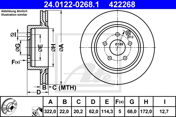 ATE Bremsensatz, Scheibenbremse ijf141ein3 Hinterachse belüftet 322mm 22mm für SUBARU NISSAN