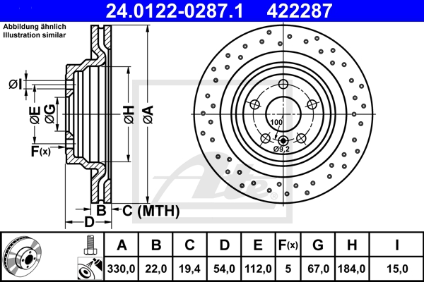 ATE Bremsensatz, Scheibenbremse ijf141hap0 Hinterachse Gelocht/innenbel. 330mm 22mm für MERCEDES-BENZ