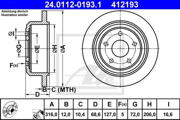 ATE Bremsensatz, Scheibenbremse ijf141hay6 Hinterachse Voll 316mm 12mm für JEEP