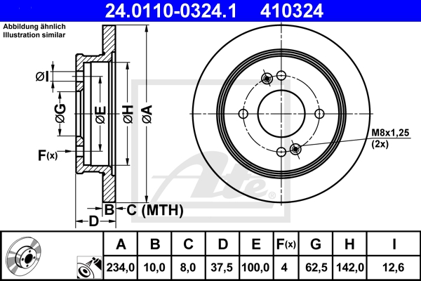 ATE Bremsensatz, Scheibenbremse ijzjsg6b92 Hinterachse Voll 234mm 10mm für HYUNDAI KIA