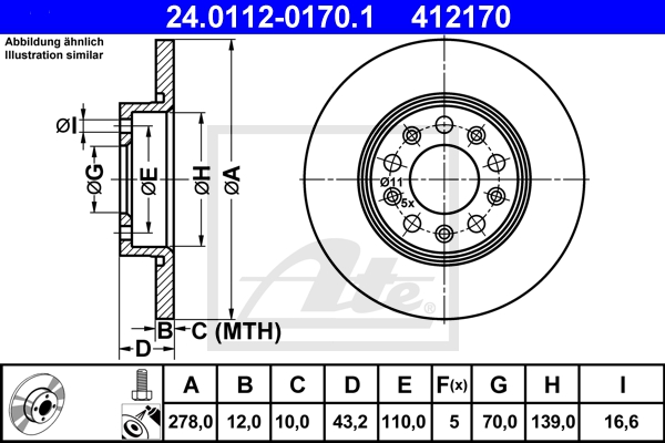 ATE Bremsensatz, Scheibenbremse ijzjsg6ef6 Hinterachse Voll 278mm 12mm für FIAT JEEP