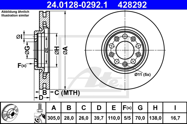 ATE Bremsensatz, Scheibenbremse ijzjsg6ma9 Vorderachse belüftet 305mm 28mm für FIAT JEEP