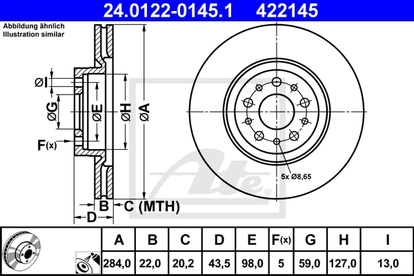 ATE Bremsensatz, Scheibenbremse ijzjsg6mm1 Vorderachse belüftet 284mm 22mm für VAUXHALL FIAT