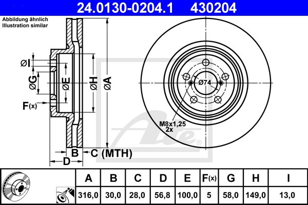 ATE Bremsensatz, Scheibenbremse ijzjsg6nm7 Vorderachse belüftet 316mm 30mm für SUBARU
