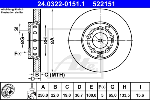 ATE Bremsensatz, Scheibenbremse ijzjsg6q14 Vorderachse belüftet 256mm 22mm für SKODA VAG