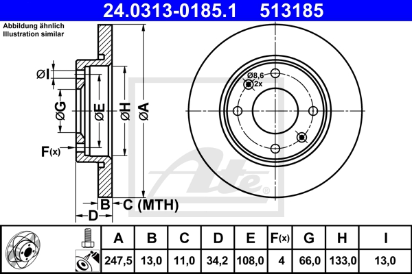 ATE Bremsensatz, Scheibenbremse ijzjsggv69 Vorderachse Voll 247mm 13mm für PEUGEOT CITROËN