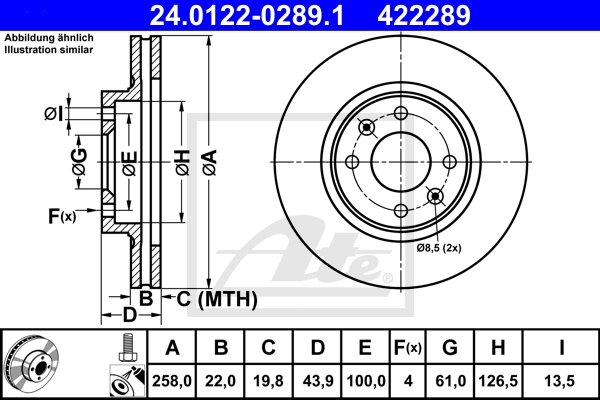 ATE Bremsensatz, Scheibenbremse ijzjsggwu9 Vorderachse belüftet 258mm 22mm für SMART RENAULT DACIA