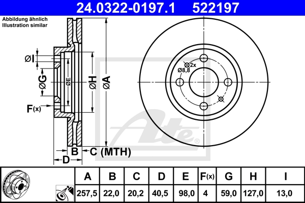 ATE Bremsensatz, Scheibenbremse ijzjsgh261 Vorderachse belüftet 257mm 22mm für PEUGEOT CITROËN FIAT