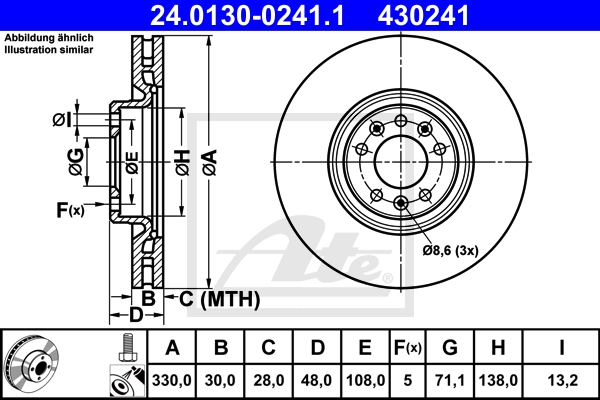 ATE Bremsensatz, Scheibenbremse ijzjsgh7j4 Vorderachse belüftet 330mm 30mm für PEUGEOT CITROËN