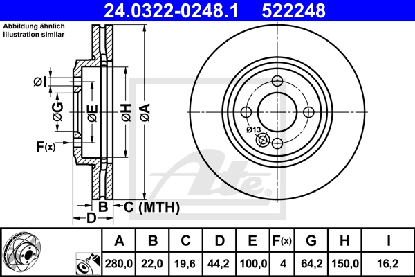 ATE Bremsensatz, Scheibenbremse ijzjsghhv6 Vorderachse belüftet 280mm 22mm für BMW MINI