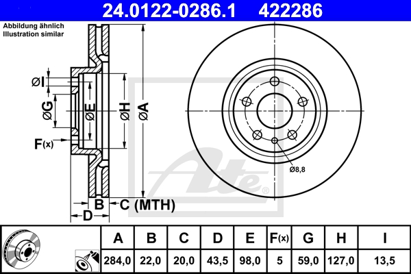 ATE Bremsensatz, Scheibenbremse ijzjsgi5l0 Vorderachse belüftet 284mm 22mm für VAUXHALL OPEL FIAT
