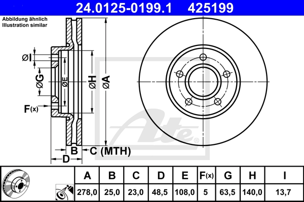 ATE Bremsensatz, Scheibenbremse ijzjsgi5x2 Vorderachse belüftet 278mm 25mm für FORD VOLVO MAZDA