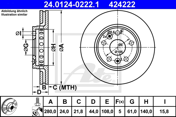 ATE Bremsensatz, Scheibenbremse ijzjsgi6r2 Vorderachse belüftet 280mm 24mm für MERCEDES-BENZ RENAULT