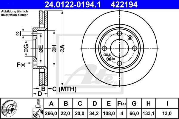 ATE ijzjsgiir4 Vorderachse belüftet 266mm 22mm für PEUGEOT CITROËN VAUXHALL OPEL