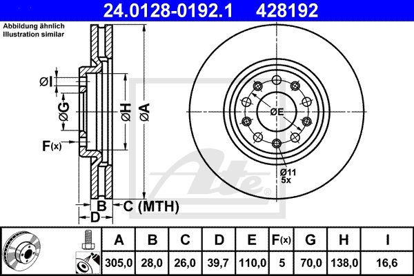 ATE Bremsensatz, Scheibenbremse ijzjsgiix0 Vorderachse belüftet 305mm 28mm für FIAT