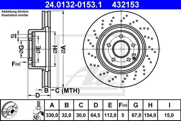 ATE Bremsensatz, Scheibenbremse ijzjsgik32 Vorderachse Gelocht/innenbel. 330mm 32mm für MERCEDES-BENZ