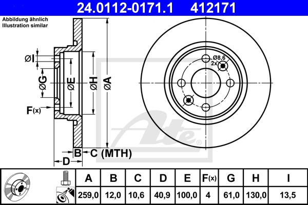 ATE Bremsensatz, Scheibenbremse ijzjsgimx4 Vorderachse Voll 259mm 12mm für SMART RENAULT DACIA