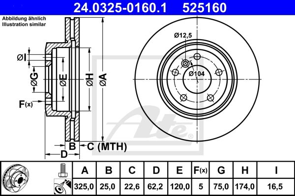 ATE Bremsensatz, Scheibenbremse ijzjsgj0g1 Vorderachse belüftet 325mm 25mm für BMW ROVER