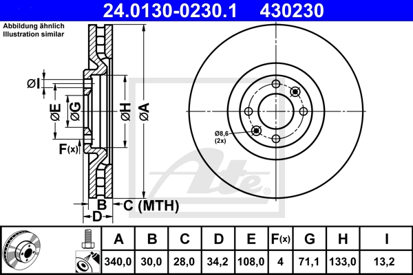 ATE Bremsensatz, Scheibenbremse ijzjsgjjt8 Vorderachse belüftet 340mm 30mm für CITROËN PEUGEOT
