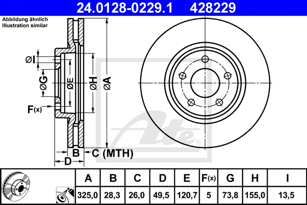 ATE Bremsensatz, Scheibenbremse ijzjsgjot8 Vorderachse belüftet 325mm 28mm für JAGUAR