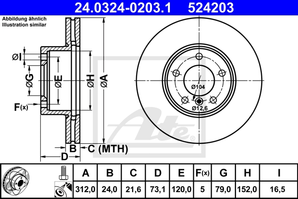 ATE ijzjsgjth6 Vorderachse belüftet 312mm 24mm für BMW