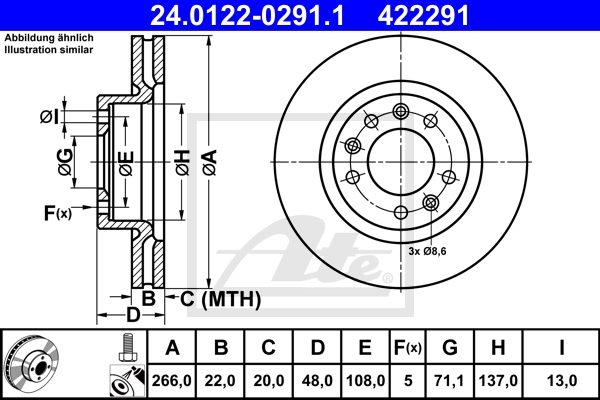 ATE Bremsensatz, Scheibenbremse ijzjsgjxb4 Vorderachse belüftet 266mm 22mm für PEUGEOT
