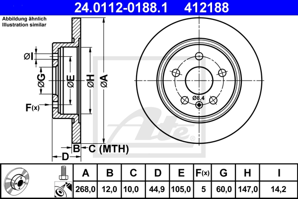 ATE Bremsensatz, Scheibenbremse ijzjsgk8b0 Hinterachse Voll 268mm 12mm für OPEL VAUXHALL CHEVROLET