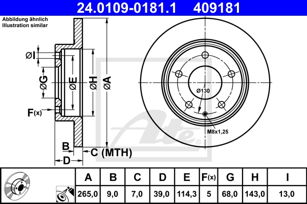 ATE Bremsensatz, Scheibenbremse ijzjsgklh4 Hinterachse Voll 265mm 9mm für MAZDA