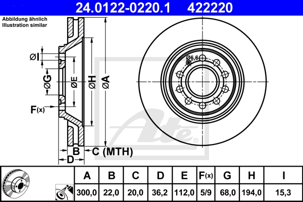 ATE Bremsensatz, Scheibenbremse ijzjsgko50 Hinterachse belüftet 300mm 22mm für VAG