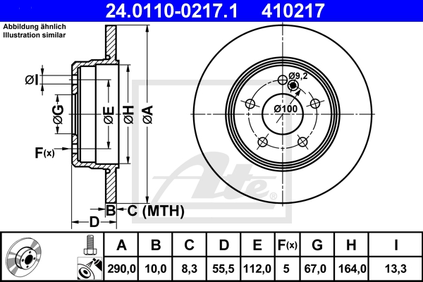 ATE Bremsensatz, Scheibenbremse ijzjsgl2t8 Hinterachse Voll 290mm 10mm für MERCEDES-BENZ CHRYSLER