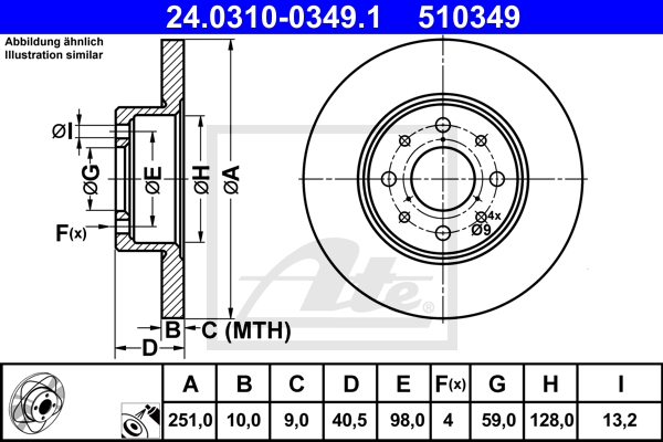 ATE Bremsensatz, Scheibenbremse ijzjsglnt4 Hinterachse Voll 251mm 10mm für FIAT