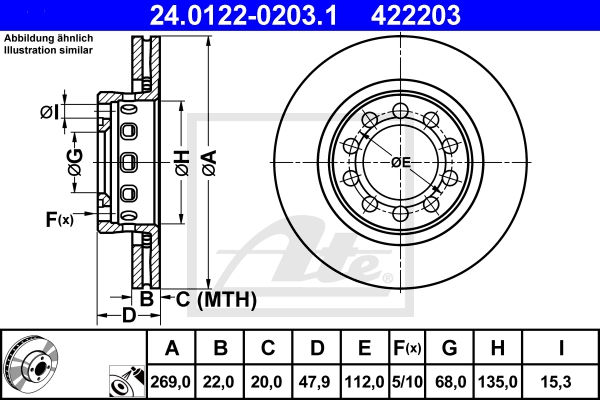 ATE Bremsensatz, Scheibenbremse ijzjsglob2 Hinterachse belüftet 269mm 22mm für VAG