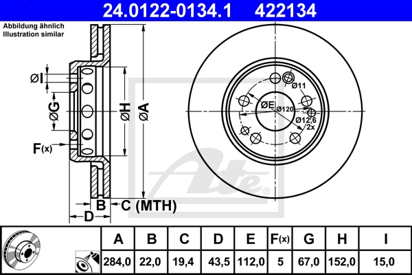 ATE Bremsensatz, Scheibenbremse ik3ebymx17 Vorderachse belüftet 284mm 22mm für MERCEDES-BENZ