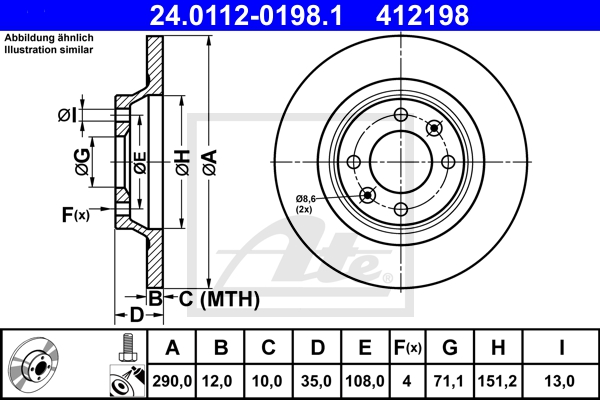ATE Bremsensatz, Scheibenbremse ik3ebyn123 Hinterachse Voll 290mm 12mm für PEUGEOT CITROËN