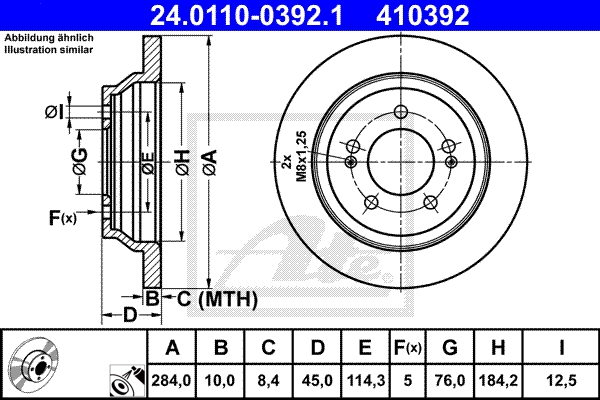ATE Bremsensatz, Scheibenbremse ik3ebyn2v3 Hinterachse Voll 284mm 10mm für HYUNDAI SSANGYONG KIA