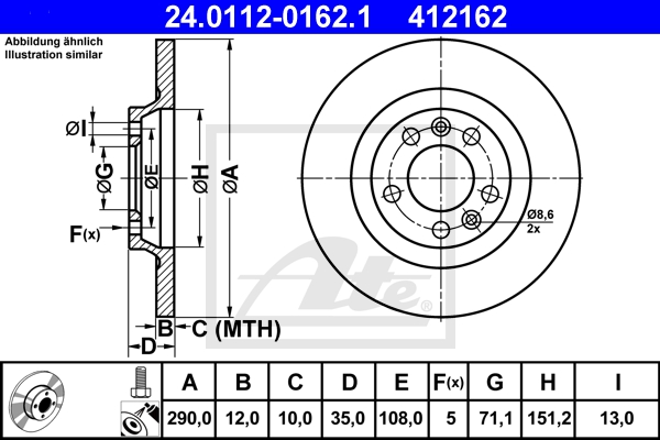ATE Bremsensatz, Scheibenbremse ik3ebync79 Hinterachse Voll 290mm 12mm für CITROËN PEUGEOT