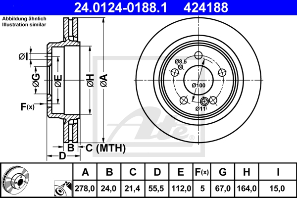 ATE Bremsensatz, Scheibenbremse ik3ebynex9 Hinterachse belüftet 278mm 24mm für MERCEDES-BENZ