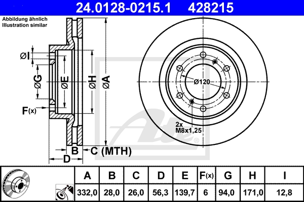 ATE Bremsensatz, Scheibenbremse sg000008a7 Vorderachse belüftet 332mm 28mm für MITSUBISHI TOYOTA