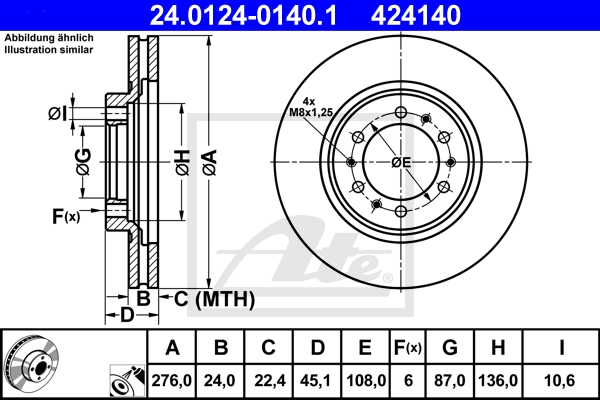 ATE Bremsensatz, Scheibenbremse sg000008ab Vorderachse belüftet 276mm 24mm für MITSUBISHI