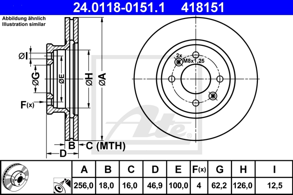 ATE Bremsensatz, Scheibenbremse sg000008b7 Vorderachse belüftet 256mm 18mm für KIA HYUNDAI