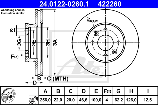 ATE Bremsensatz, Scheibenbremse sg000008c2 Vorderachse belüftet 256mm 22mm für HYUNDAI