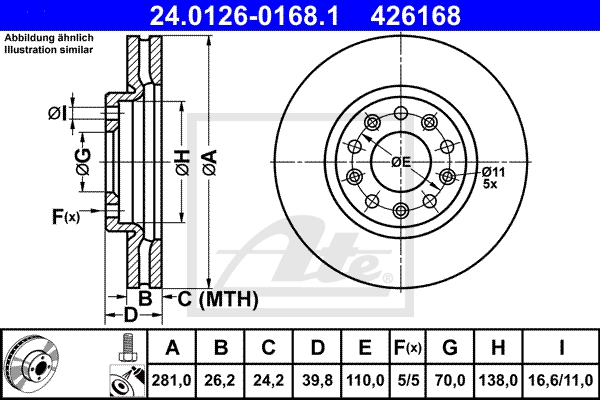 ATE Bremsensatz, Scheibenbremse sg00000b39 Vorderachse belüftet 281mm 26mm für FIAT JEEP