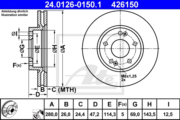 ATE Bremsensatz, Scheibenbremse sg00000b3y Vorderachse belüftet 280mm 26mm für KIA HYUNDAI
