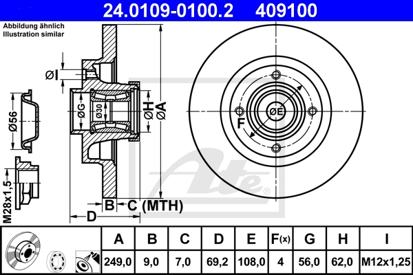 ATE Bremsensatz, Scheibenbremse sg00000b51 Hinterachse Voll 249mm 9mm für PEUGEOT VAUXHALL OPEL CITROËN