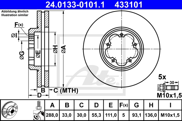 ATE Bremsensatz, Scheibenbremse sg00000cgp Vorderachse belüftet 288mm 33mm für FORD