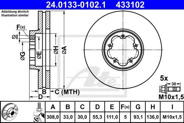 ATE Bremsensatz, Scheibenbremse sg00000chq Vorderachse belüftet 308mm 33mm für FORD