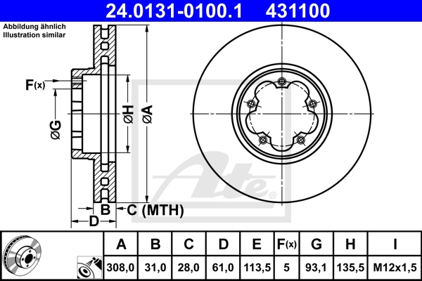 ATE Bremsensatz, Scheibenbremse sg00000chx Vorderachse belüftet 308mm 31mm für FORD