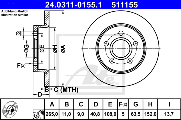 ATE Bremsensatz, Scheibenbremse sg00000d0w Hinterachse Voll 265mm 11mm für VOLVO FORD VAUXHALL OPEL GENERAL MOTORS MAZDA