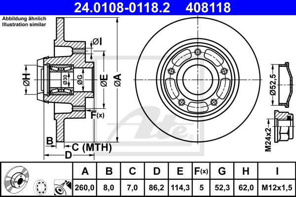 ATE Bremsensatz, Scheibenbremse sg00000d7o Vorderachse Voll 260mm 8mm für PEUGEOT CITROËN RENAULT